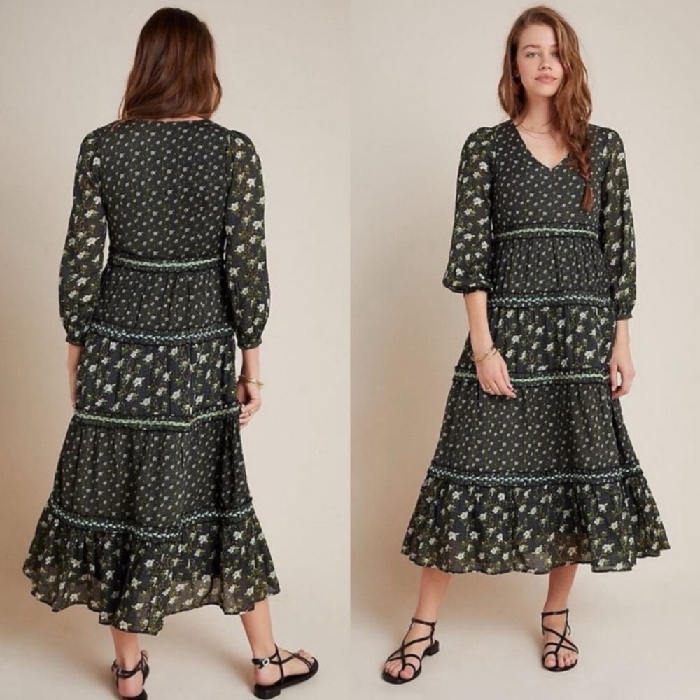 Anthropologie Karoline Midi Dress Cotton Tiered Floral Black & Green Size 4P NWT